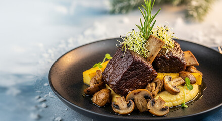 Horizontal Winter Plating of Red Wine Short Ribs with Mushrooms