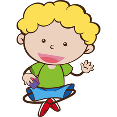 Cartoon Blond Boy Wearing Green T Shirt Blue Jeans Sitting Cross Legged Holding Purple Toy Cube Waving Hand Cheerful Expression