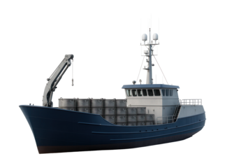Open-deck crab vessel equipped with spacious steel pots for fishing.