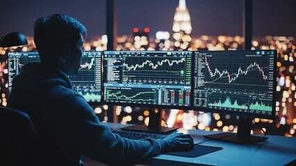 Trader analyzing stock market charts on multiple monitors at night with city skyline background. - Powered by Adobe