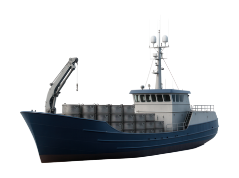 Open-deck crab vessel equipped with spacious steel pots for fishing.