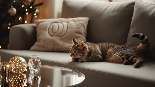 Clean modern New Year's Eve interior with minimalist decor and monogrammed glass table