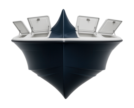 Slim-bow tuna vessel with spacious fish storage compartments.