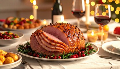 Festive glazed ham with herbs and cranberries, Christmas dinner table with wine, candles, and cozy atmosphere. Ideal for holiday, meal, tradition, celebration, winter feast.