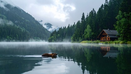 Misty forest lake with wooden cabin on green shore, mountains in background and calm reflections in water. Great for nature, landscape, travel, outdoors, peace, escape, eco-tourism.
