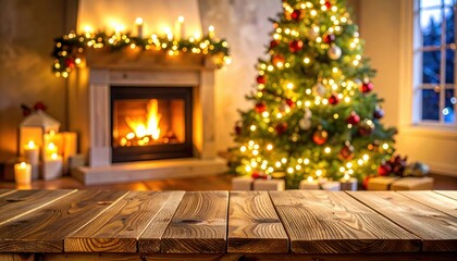  Cozy Christmas living room with burning fireplace, decorated Christmas tree and glowing candles, festive warm holiday home interior with wooden table.
