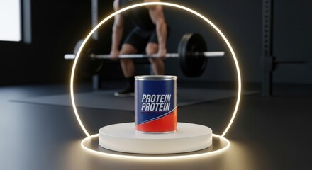 Protein supplement can in light ring on gym podium, muscular man with barbell blurred in background. Fitness nutrition, power, sports, muscle, energy, strength, performance, workout boost,