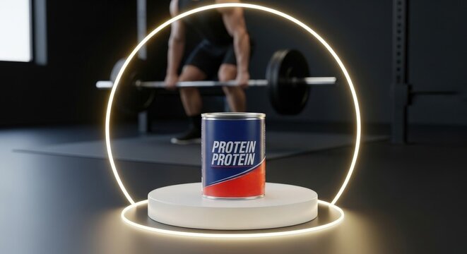 Protein supplement can in light ring on gym podium, muscular man with barbell blurred in background. Fitness nutrition, power, sports, muscle, energy, strength, performance, workout boost,
