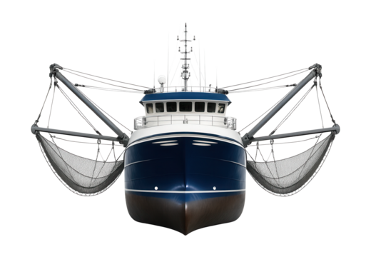 Wide-beam trawler featuring dual trawl arms for efficient fishing.