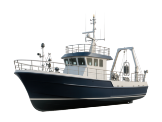 Research fishing boat equipped with scientific tools and an observation deck.