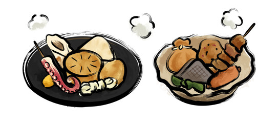 おでん（お皿に盛り付け）の筆書き墨絵ベクターイラスト