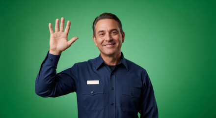 Man waving hand with an open palm. Smiling caucasion man shows greeting gesture. Studio shot of male model on green screen.