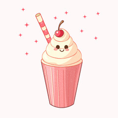 Cute Milkshake Character. Kawaii Drink with Face, Sweet Food Mascot, Vector Illustration