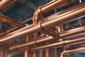 Network of polished copper pipe with elbow joints and smooth fittings in industrial ceiling conveying warmth and metallic sheen, functional aesthetic and subtle reflective highlights