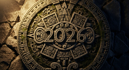Fototapeta premium Ancient Mayan Calendar Stone with 2026 Carving - New Year and Future Prophecy Concept