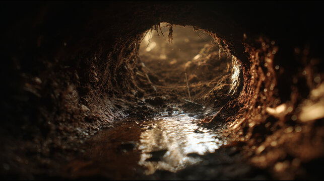 A dark wet muddy hole underground tunnel light underground mud water wet tunnel soil root earthy passage