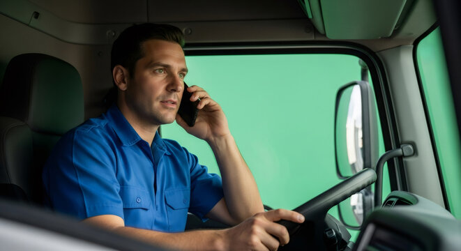 Caucasian man talking on phone in truck on green screen background. Effect for chromakey. - Powered by Adobe