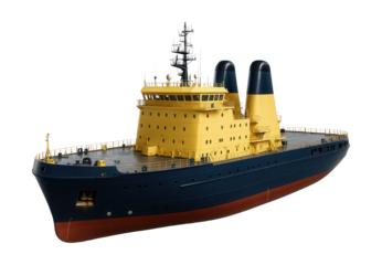 Twin-engine icebreaker featuring a flat deck and dual side funnels.