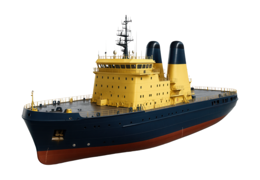 Twin-engine icebreaker featuring a flat deck and dual side funnels.