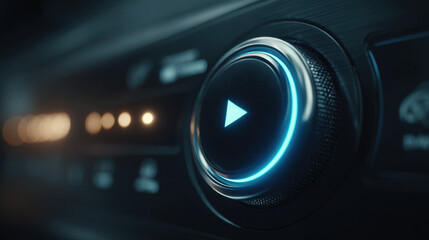 Fototapeta premium Illuminated play button on glossy control knob of audio system with blue LED glow and blurred indicator lights conveying modern interface and focused mood