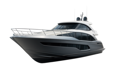 Motor yacht featuring a sleek curved bow and side windows.