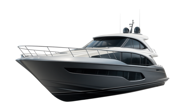 Motor yacht featuring a sleek curved bow and side windows.