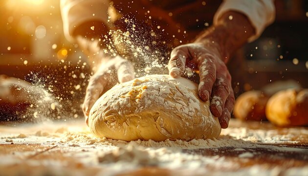 Floury hands kneading dough on wooden surface