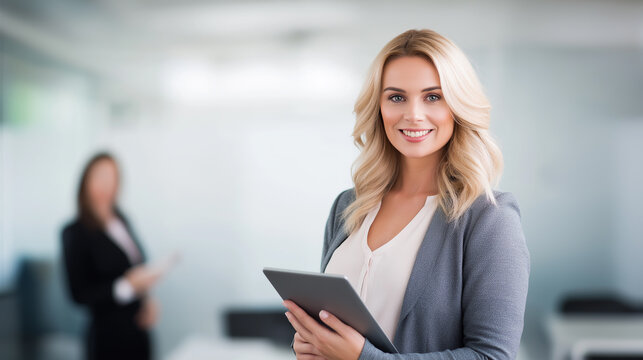 Confident businesswoman holding digital tablet in office