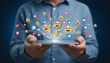 Man holding a smartphone with glowing social media reaction icons like hearts and emojis floating out of the screen.