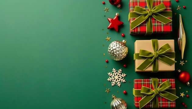 Festive christmas gifts and elegant holiday decorations, featuring plaid wrapped boxes with green velvet ribbons, golden stars, snowflakes, and red berries, beautifully arranged on a vibrant green