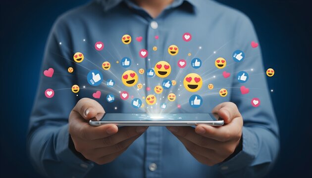 Man holding a smartphone with glowing social media reaction icons like hearts and emojis floating out of the screen.