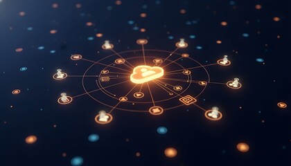 Futuristic visualization of a cloud computing network connecting users and data in a decentralized system.