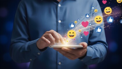 A person using a smartphone with social media icons and emojis emanating from the screen.