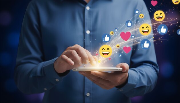 A person using a smartphone with social media icons and emojis emanating from the screen.