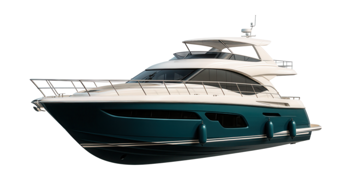 Motor yacht featuring a unique hull color and coordinating fenders.