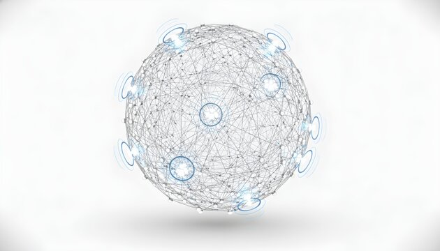 Abstract representation of a virus particle with glowing spikes and internal structure on a white background.