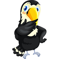 Obraz premium A Cartoon Toucan Bird with a Large Yellow Beak and Blue Eyes Stands on Its Feet Isolated on a Transparent Background