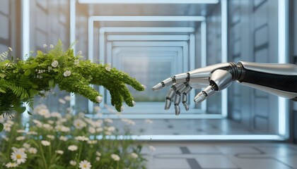 A robotic hand reaches for a green plant hand in a futuristic corridor, symbolizing the union of technology and nature.