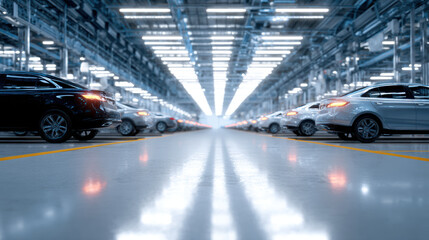 Modern automotive factory floor with rows of new cars, bright lighting, and reflective surface, showcasing advanced manufacturing technology