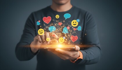 A person interacting with a smartphone displaying social media icons and notifications.