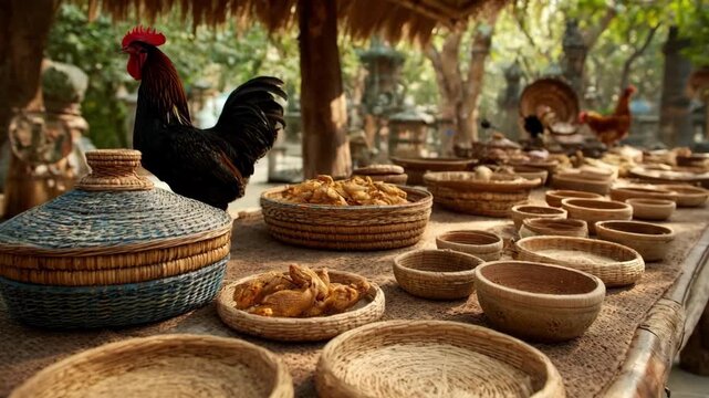 Medium shot capturing freerange poultry whole birds and parts displayed on natural fiber mats emphasizing clean ethical farming practices under bright daylight