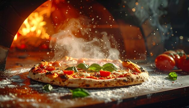 Fresh pizza emerges from glowing oven