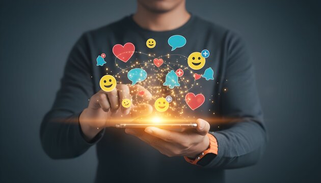 A person interacting with a smartphone displaying social media icons and notifications.