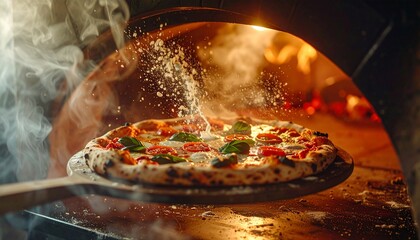 Mouthwatering pizza emerges from fiery oven