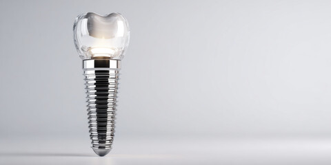 Gleaming dental implant with transparent crown and polished titanium screw casting soft shadow in minimalist studio lighting, clinical modern clean aesthetic conveying trust and precision