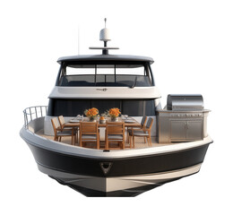 Motor yacht with outdoor dining space and integrated grill.