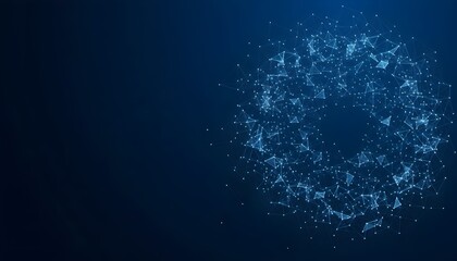 Abstract digital art of a glowing ring-shaped structure with interconnected dots on a dark blue background.