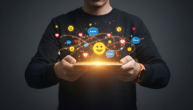 Person holding a tablet with social media icons floating above it.