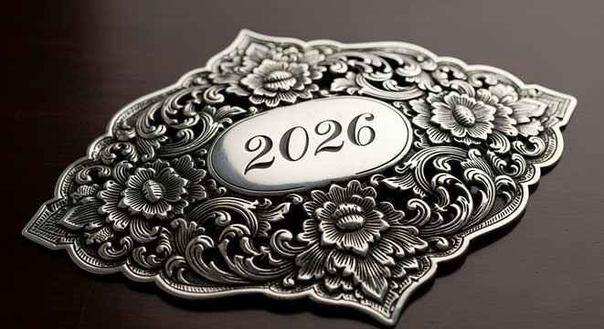 Decorative silver plaque with 2026 engraved - ornate floral design on dark wood