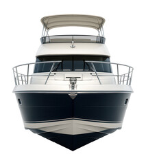 Mid-sized motor yacht with a flybridge and stainless steel railings.